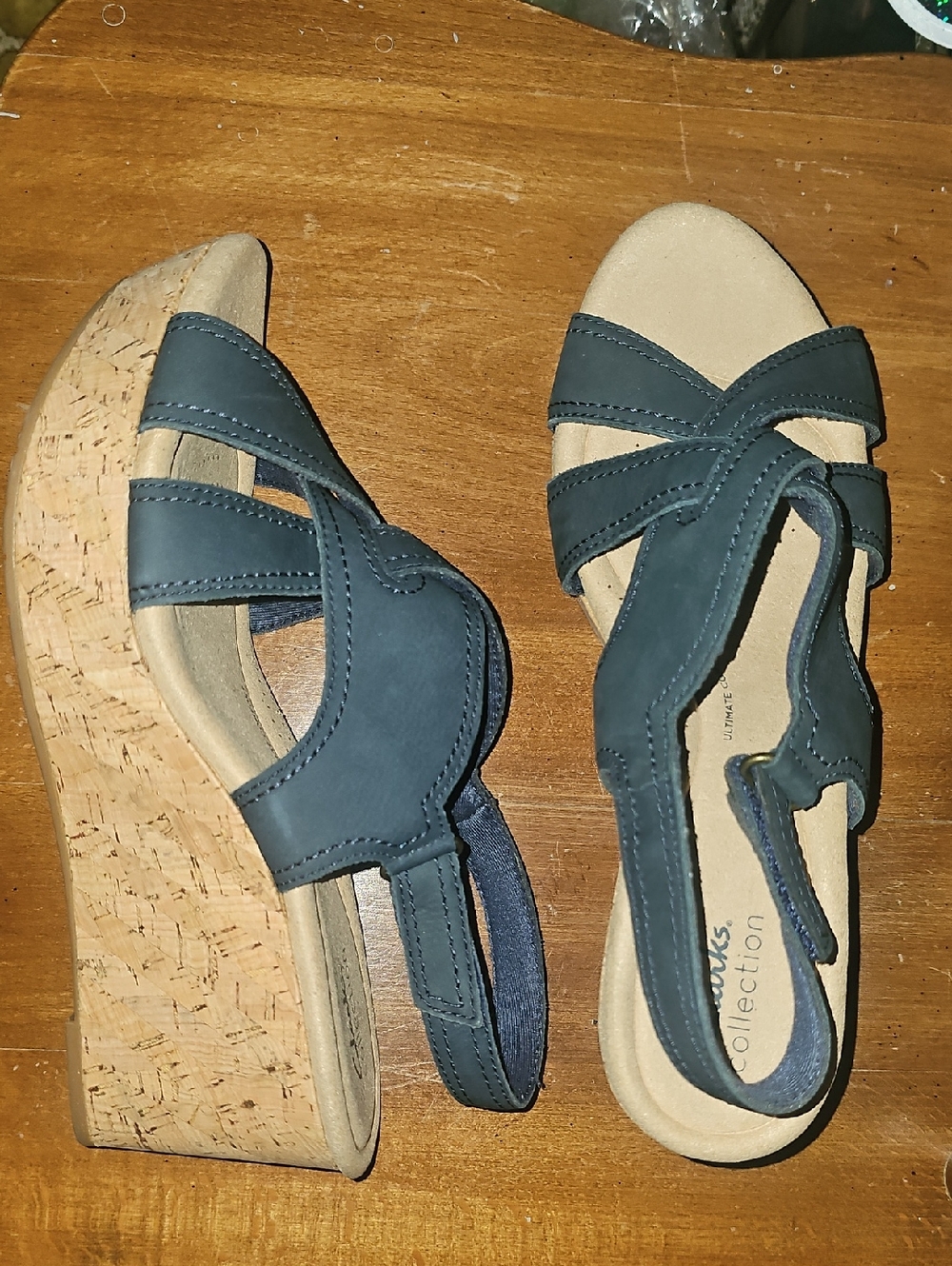 Collection B Clarks Navy Cork Wedge Sandals